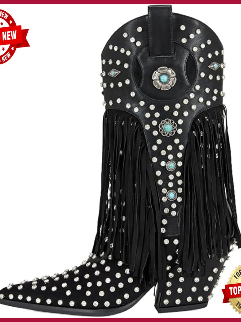 Mid Calf Western Boots With Fringe And Rhinestone Embellishments